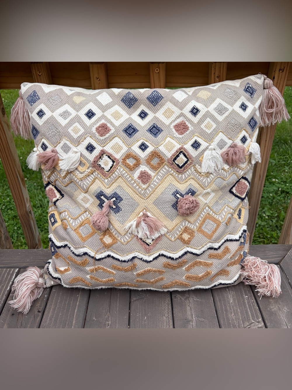 Pier 1 Multicolor Woven Nude Pink Throw Pillow with Tassels 16"x16" Boho Neutral